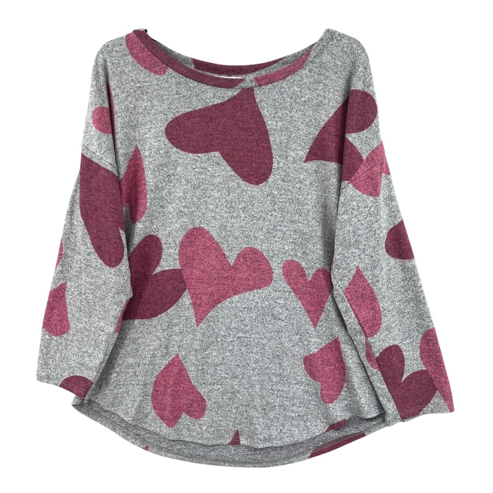 Chelsea & Theodore Coquette Heart Knit Top Size 1X Gray Pink Long Sleeve Relaxed